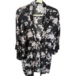 Spiritual Gangster Maya Kimono Black Floral Tie Waist Cover Up OS Open Front